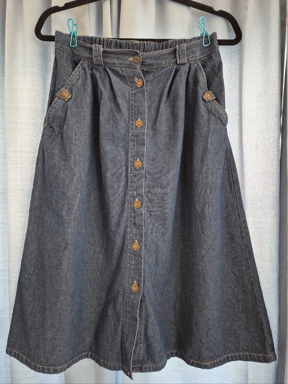 VTG 90s Bend Over Denim Midi Skirt Womens 8P Button Front A-Line Indigo Pockets